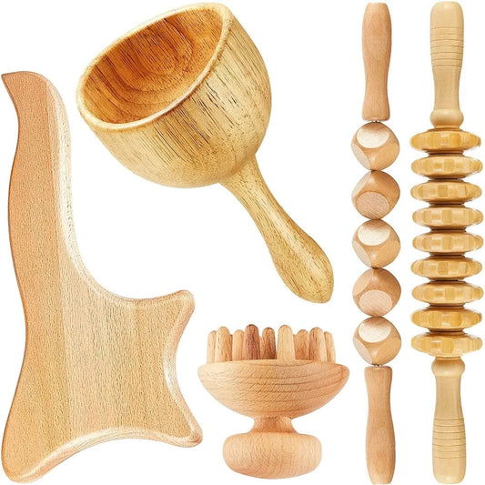 Kit de massage en bois pour drainage lymphatique et soulagement des douleurs musculaires.